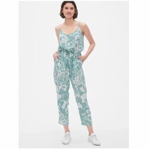 Gap Women’s Tie Waist Blue White Floral Boho Spaghetti Strap Summer Jumpsuit
